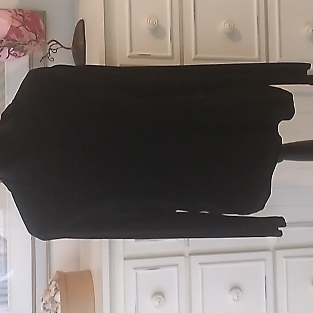 Dressy Black long sleeve,  princess collar, draped length on left side, size L.